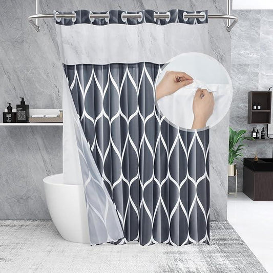 Yiatn Dark Grey Ringless Shower Curtain with Snap in Liner - Hotel Style with See Through Mesh Top Window, Modern Geometric Waterdrop Design,Waterproof and Washable,- 71x74 INCH - ModernBath