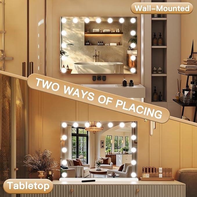 ROLOVE 23"x18" Hollywood Vanity Mirror with Lights, 15 Dimmable LED Bulbs, led Makeup Mirror with 3 Color Modes, Lighted Vanity Mirror for Tabletop or Wall-Mounted - ModernBath