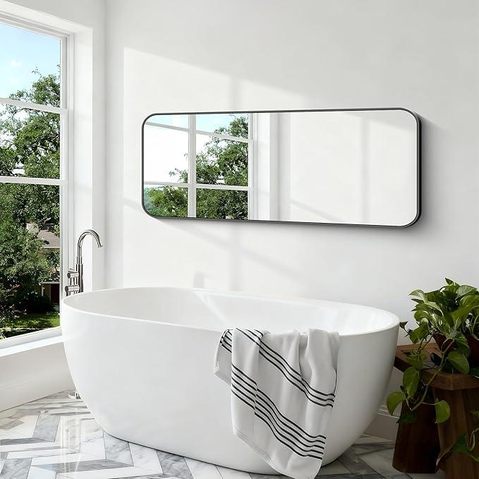 BONEWEI 24x60 inch Bathroom Mirror,Black Rectangle Mirror,Wall Mounted Bathroom Frame Vanity Mirror with Round Corner for Bedroom Living Room,Entryway Hangs Horizontal or Vertical - ModernBath