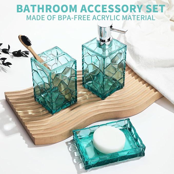GAHEFY Teal Blue Beach Bathroom Accessories Set with Toothbrush Holder, Soap Dispenser, Tumbler, Soap Dish, Turquoise Bathroom Decor,Acrylic (Teal-4pcs) - ModernBath