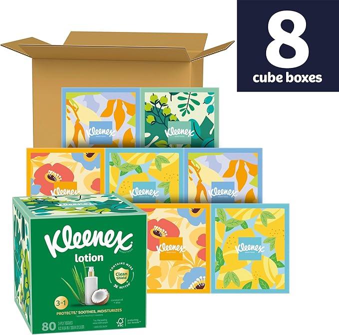 Kleenex Lotion Facial Tissues with Coconut Oil, 8 Cube Boxes, 80 Tissues Per Box, 3-Ply - ModernBath