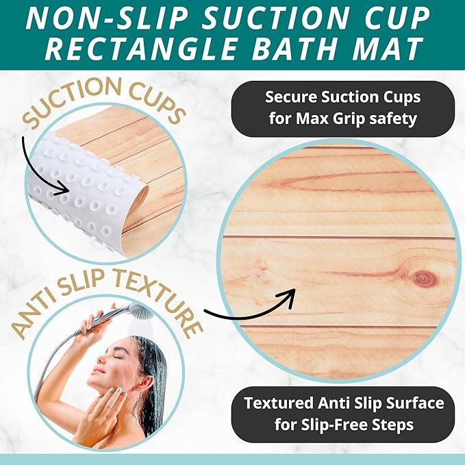 ENKOSI Bath Mat for Tub and Shower Floors - Non Slip Shower Mat – Anti Slip Bathtub Mat with Strong Suction Cup Grip – Soft, Wood Design Bathroom Mat for Inside Bath and Showers (28x16 Wood Teak) - ModernBath