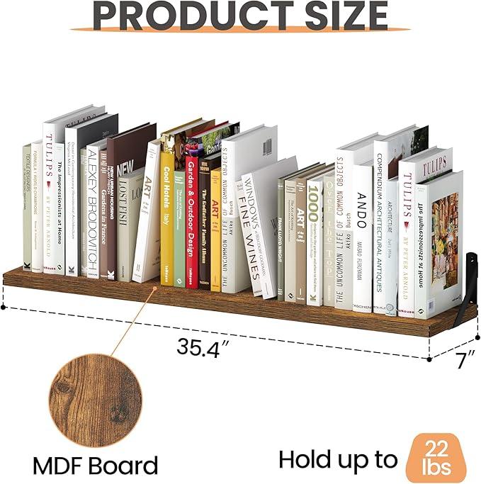 upsimples Floating Book Shelves for Wall, 35.4 Inches Long Floating Wood Shelves for Living Room, Library, Bedroom, Office Organizer and Storage, Brown - ModernBath