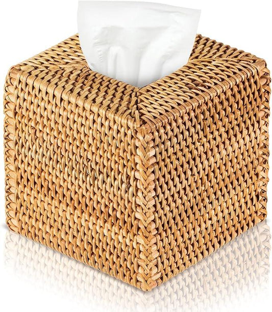 Kigley 1 Pcs Square Rattan Tissue Box Cover Boho Wicker Tissue Cube Box Cover 5.5'' x 5.5'' x 5.5'' Decorative Natural Wicker Hand Woven Napkin Box Holder Bathroom Office Car Accessories (Wood) - ModernBath