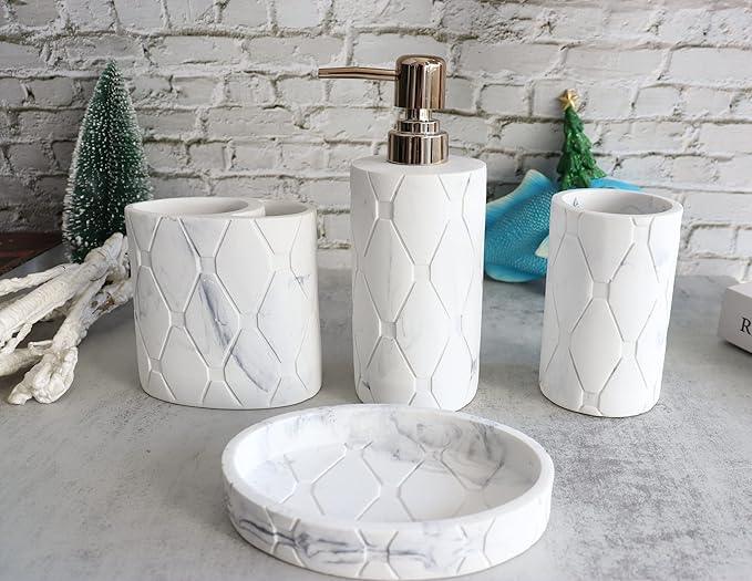 Hymmah Bathroom Accessories Set,Marble Design Toothbrush Holder,Farmhouse Bathroom Decor,4 Pcs Resin Gift Set Apartment Necessities, Contain Toothbrush Cup,Soap Dispenser,Soap Dish,Tumbler - ModernBath