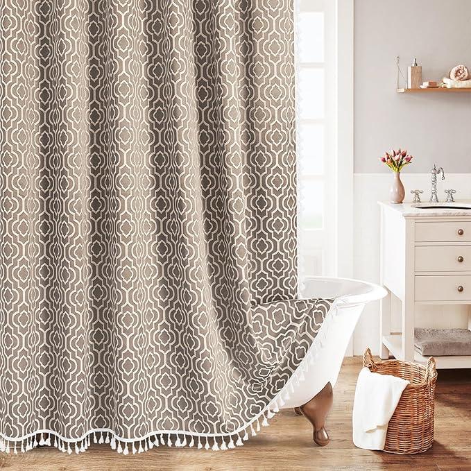 MitoVilla Taupe Farmhouse Shower Curtain Set 72 x 78, Boho 78 inch Long Cotton Tassel Fabric Shower Curtain Set for Fall Cottagecore French Rustic Bathroom Decor - ModernBath