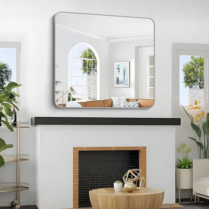 CIVENO 36x40 Inch Silver Bathroom Mirror, Metal Framed Silver Rectangle Mirrors, Rounded Rectangular Vanity Mirror, Wall Mounted Mirrors for Living Room Bedroom Entryway Hangs Horizontal or Vertical - ModernBath