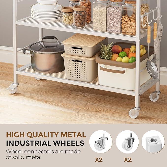 3-Tier Metal Storage Rack with Industrial Wheels,Mesh Shelving Unit with Wooden Table top,Adjustable Shelf,31.5-Inch Width, for Kitchen, Laundry,Pantry,Plant,Oak panel and white frame - ModernBath