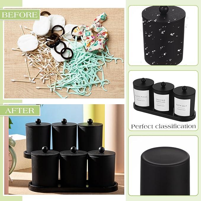 Chengu 6 Pack Cotton Swab Holder with Bamboo Lids and Trays and Labels Glass Round Swab Dispenser Cotton Ball Holder Glass Apothecary Jars Floss Pick Containers Bathroom Organizers(Black) - ModernBath