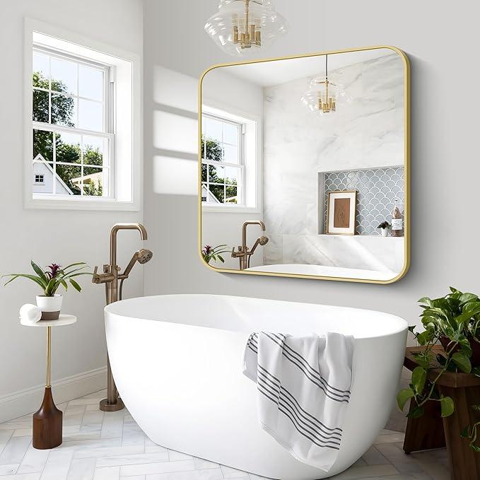 BONEWEI Gold Bathroom Mirror,48x48 inch Wall Mirror for Bathroom Wall Mounted,Round Rectangle Mirror for Bathroom Over Sink,Modern Frame for Home Decor Living Room,Bedroom Entryway,Horizontal/Vertical - ModernBath
