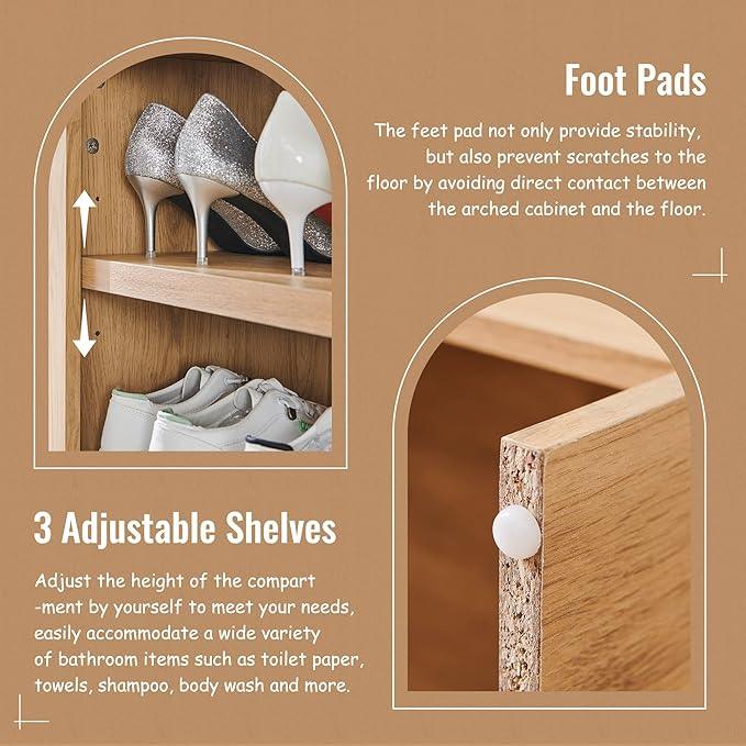 67" Tall Arched Bathroom Storage Cabinet, 8-Tier Modern Farmhouse Storage Cabinet with Adjustable Shelves, Wood Freestanding Cabinet for Bathroom, Living Room, Entryway, Hallway (Natural) - ModernBath