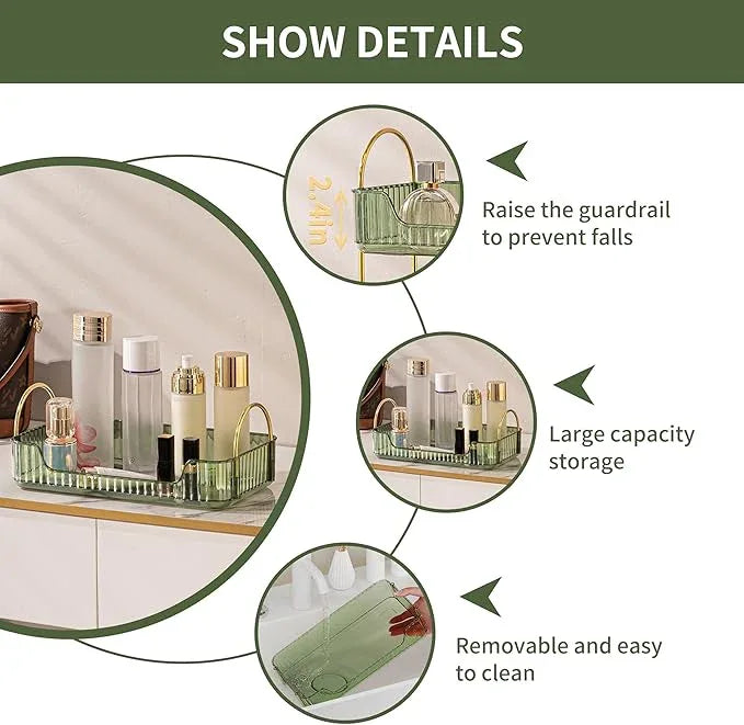 YCIA&DONE Bathroom Organizer Countertop, Makeup Storage, Skincare Cosmetic Tray Shelf, Perfume Holder Rack for Vanity Counter, Large Capacity, Easy to Install, Clean, 1 Tier, Vintage Green - ModernBath