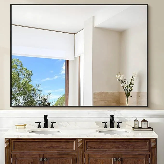 COFENY Black Bathroom Mirror, 48"X36" Rectangle Mirrors for Wall Metal Frame, Modern Vanity Wall Mirror for Bathroom Living Room, Entryway Hangs Horizontal or Vertical - ModernBath