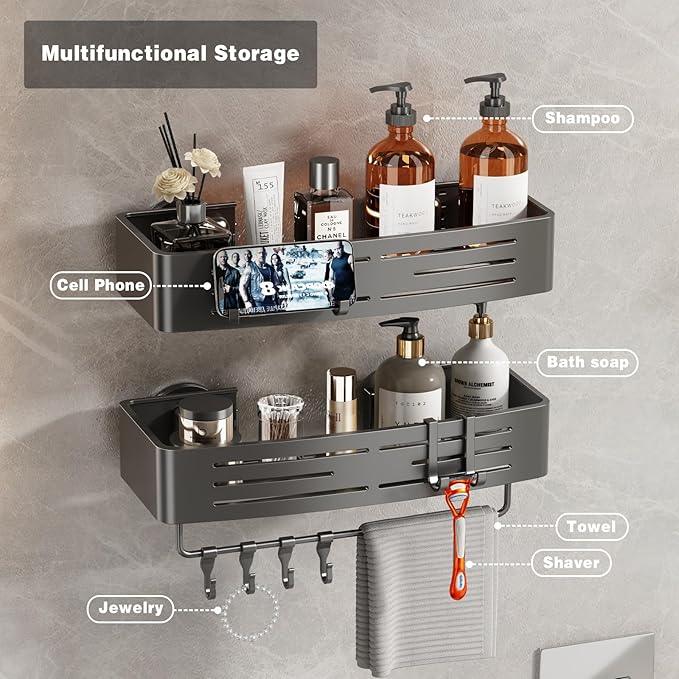 Voldra Shower Caddy Suction Cup, 3 Pack Shower Shelves for Inside Shower No Drilling, Aluminum Suction Showers Organizer with Towel Bar & Hooks Removable Bathroom Shelf Storage Rack(Gray) - ModernBath