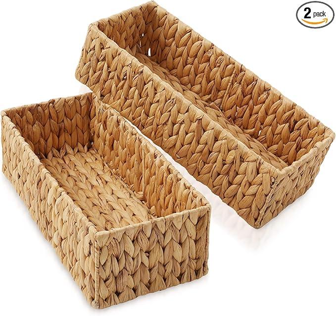 Casafield Set of 2 Bathroom Storage Baskets, Natural - Water Hyacinth, 16" W x 6.75" D x 4.25" H, Woven Toilet Tank Topper Bins for Organizing Tissues, Toilet Paper, Toiletries, Shelves - ModernBath