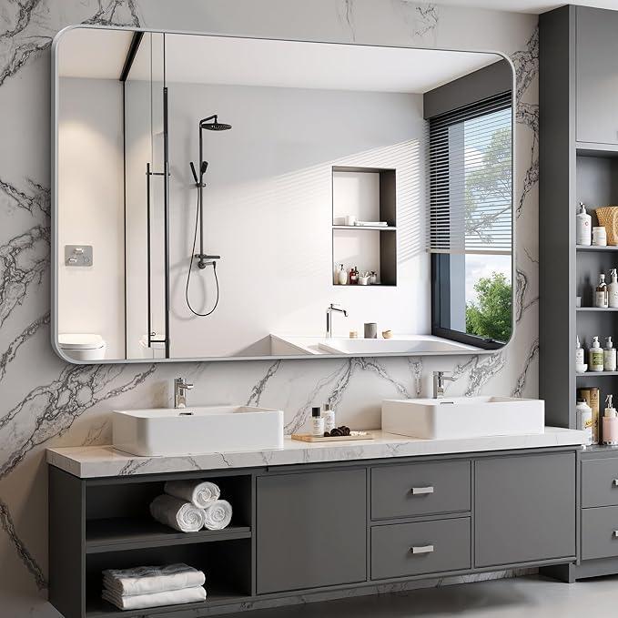 CIVENO 60x40 Inch Silver Bathroom Mirror, Large Rectangle Mirror, Metal Framed Rectangular Vanity Mirror, Rounded Corner Wall Mounted Mirror for Living Room Bedroom Entryway Horizontal or Vertical - ModernBath