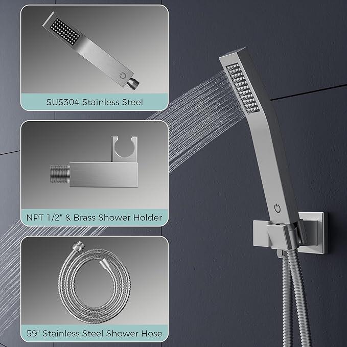FORIOUS Shower Head System, 10 Inch Rain Shower Faucet Set with Handheld Spray Combo Rough-in Valve, Solid Brass Pressure Balanced Valve Trim Kit, Ceiling Mount, Brushed Nickel - ModernBath