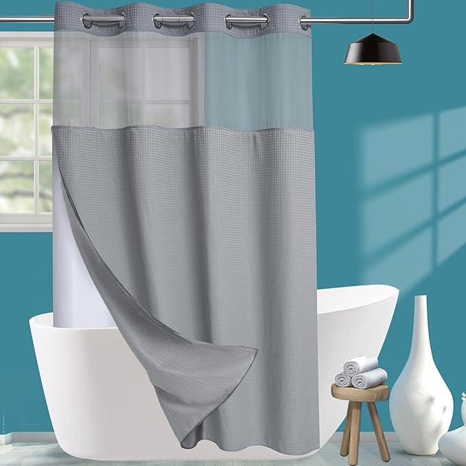 Conbo Mio Stall No Hook Waffle Weave Shower Curtain with Snap in Liner Set, Hotel Luxury Grey Shower Curtains for Bathroom with See Through Top Window, Waterproof, Washable 54W x 74H - ModernBath