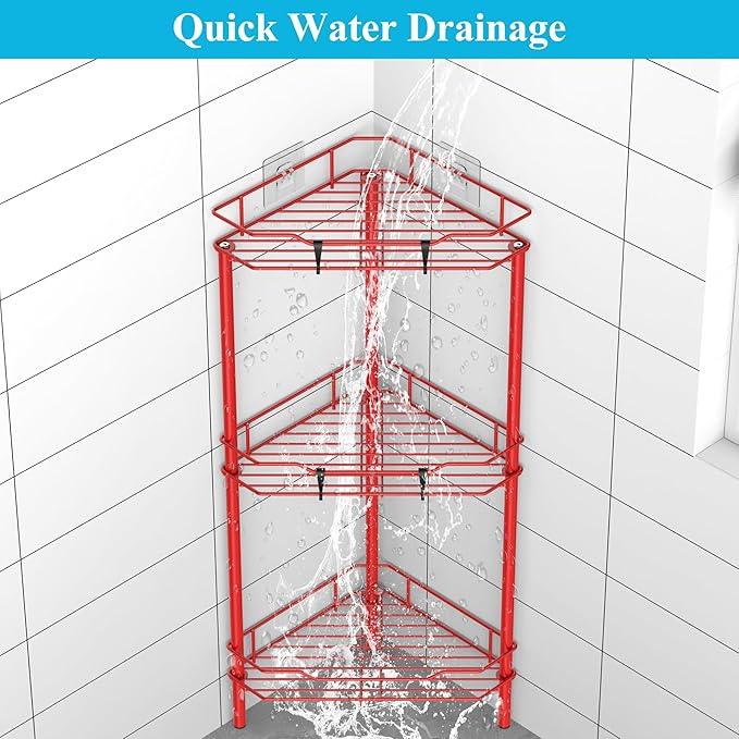 3 Tier Floor Standing Corner Shower Caddy Organizer Shelf with Hooks, Bathroom Shelves Stand Rack, Red - ModernBath