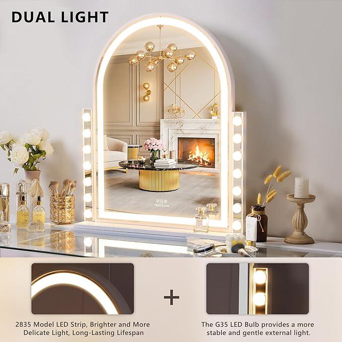 FENCHILIN Arched Vanity Mirror with Lights, 32“ x 26" LED Makeup Hollywood Vanity Mirror with 14 Dimmable Bulbs& LED Strip Smart Touch Control Detachable 10X Magnification White - ModernBath