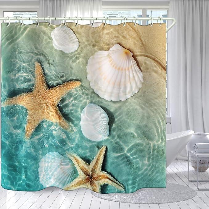 LYFANS Shower Curtains Waterproof Polyester Fabric,Large Width Bright Partition Curtain with Scallop Beach Print,Shower Curtain Liner for Bathtub Bathroom with 12 White Hooks (72 x72 inches) - ModernBath
