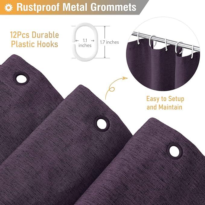 BTTN Purple Shower Curtain - Linen Textured Heavy Duty Waterproof Cloth Shower Curtain Set with 12 Plastic Hooks, Hotel Spa Luxury Simple Decorative Thick Fabric Shower Curtains for Bathroom - 72x72 - ModernBath