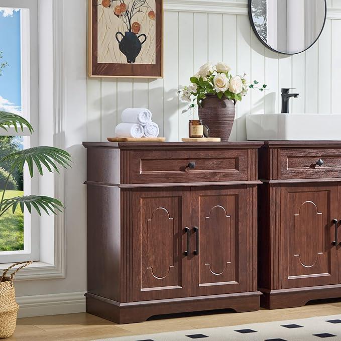 Farmhouse Storage Cabinet with 2 Doors and 1 Drawer, Adjustable Shelf, Freestanding Kitchen Pantry Cabinet, Modern Buffet Sideboard Coffee Bar Cabinet Living Room Bathroom Dining Room Cherry - ModernBath
