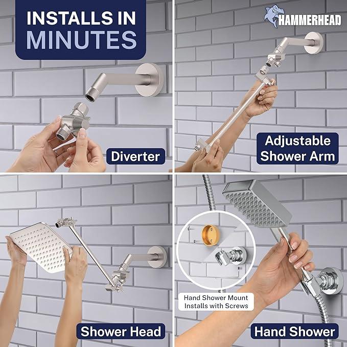 HammerHead® Solid Metal Dual Shower Head Combo — 8" Square Rain Shower Head with Handheld, 12" Adjustable Arm & Wall-Mount Holder for Flexible Installation — Brushed Nickel - ModernBath