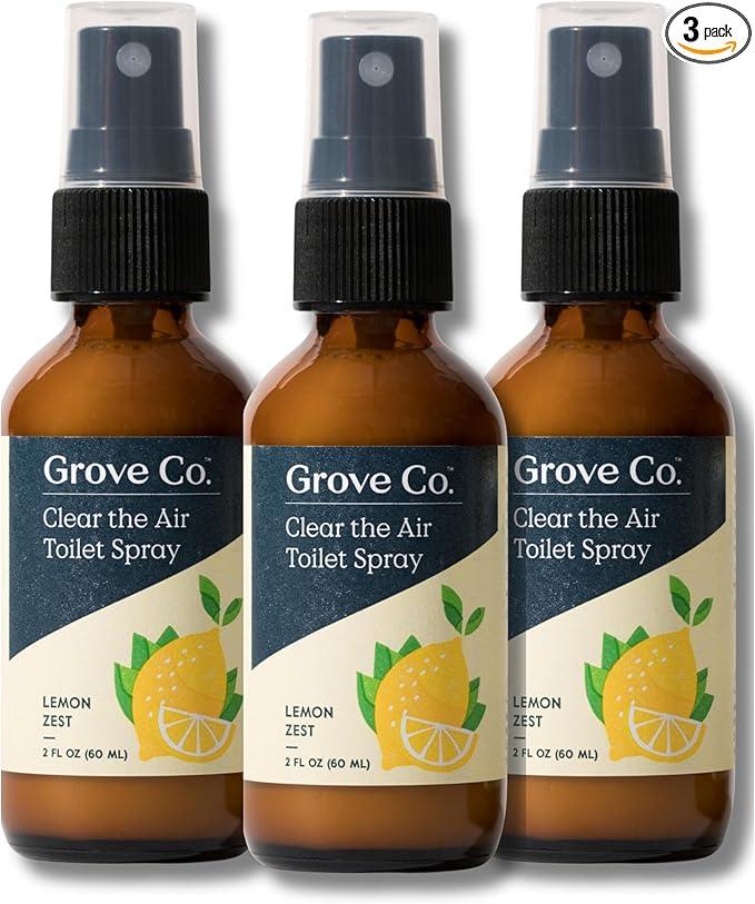 Grove Co. Toilet Spray, Clear the Air Bathroom Spray Air Freshener (2 fl oz) Odor Eliminator for Strong Odor, 100% Natural Lemon Zest Scent, Vegan, Paraben & Phthalate Free (Pack of 3) - ModernBath