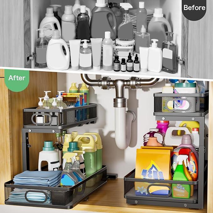 Under Sink Organizer, High Adjustable 2 Tier Under Sink Organizers and Storage, Slide Out Metal Cabinet Organizers, Pull Out Sink Storage Drawer Shelf for Kitchen Bathroom Cabinet, Black, 2 Pack - ModernBath