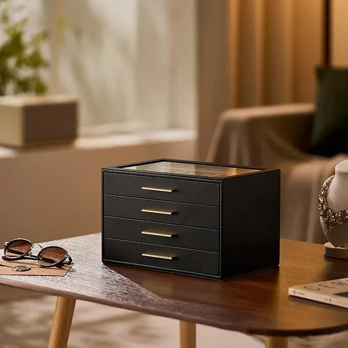 pickpiff Jewelry Box Organizer Case for Women: 4-Layer Jewelry Storage Case with Glass Window, Black Leather with Blush Velvet, Holder for Ring Necklace Bracelet Brooch Watch, Great Gift for Her - ModernBath