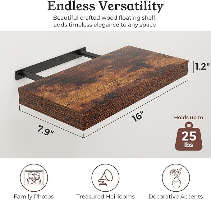 Floating Shelves for Wall, Wall Mounted Rustic Wood Shelves for Bathroom, Bedroom, Living Room, Kitchen, Hanging Shelf for Books/Storage/Room Decor (Brown, 16") - ModernBath