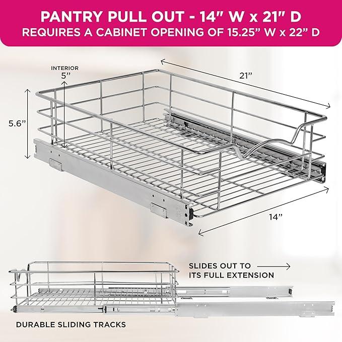 HOLDN’ STORAGE Heavy-Duty Premium Collection Pull Out Cabinet Organizer, Cabinet Drawer Slide Outs, Lifetime Limited Warranty - Basket Size 14" W x 21" D x 5" H, Anti-Rust Chrome Finish | Heavy-Duty, Premium Collection, Slide Out Caddy, Anti-Rust - ModernBath