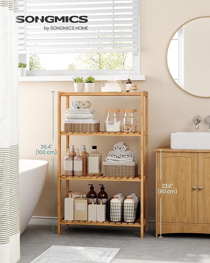 SONGMICS Bamboo Storage Shelf, 4-Tier Shelving Unit, Multifunctional, in The Entryway, Bathroom, Living Room, Balcony, Kitchen, 10.2 x 23.6 x 39.4 Inches, Light Bamboo UBCB034Y01 - ModernBath