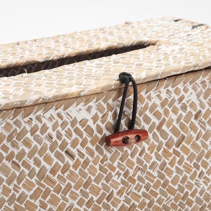 Seagrass Tissue Box Cover Rectangular Woven Napkin Holder Decorative for Bathroom Farmhouse (Whitewash, 10 x 5.5 x 4.2 Inch) - ModernBath