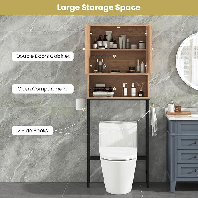 Giantex Over The Toilet Storage Cabinet, Bathroom Space Saver W/Toilet Paper Holder & Hook, Adjustable Shelf & Bottom Bar, Open Storage Cube, Over Toilet Bathroom Organizer for Laundry, Restroom - ModernBath