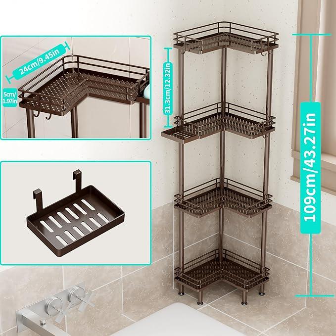 HapiRm Corner Shower Caddy Organizer - 4 Tier Shower Shelf Corner with Soap Holder, Rustproof Bathroom Standing Organizer with 4 Hooks, Bronze - ModernBath