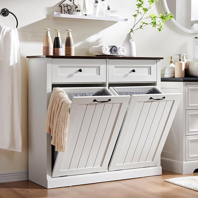 Double Tilt Out Laundry Hamper Cabinet, 20 Gallon Farmhouse Trash Can Cabinet with Drawer, Hidden Wood Garbage Can Bin Cabinets with Laundry Storage Basket for Bathroom, Kitchen (Antique White) - ModernBath