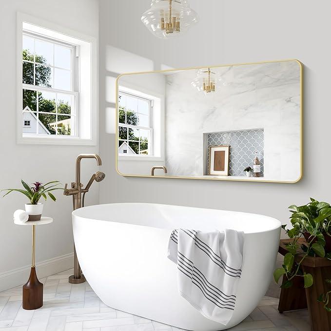 BONEWEI Gold Bathroom Mirror,60x36 inch Wall Mirror for Bathroom Wall Mounted,Round Rectangle Mirror for Bathroom Over Sink,Modern Frame for Home Decor Living Room,Bedroom Entryway,Horizontal/Vertical - ModernBath