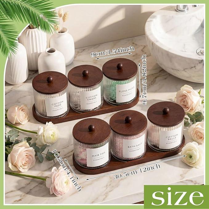 Vesici 6 Pack Bathroom Canisters Ribbed Apothecary Jars with Bamboo Lids 2 Bamboo Trays and 9 Label Stickers Cotton Swabs Holder Bathroom Organizer Storage Set Acrylic 18 oz Dispenser Container(Brown) - ModernBath
