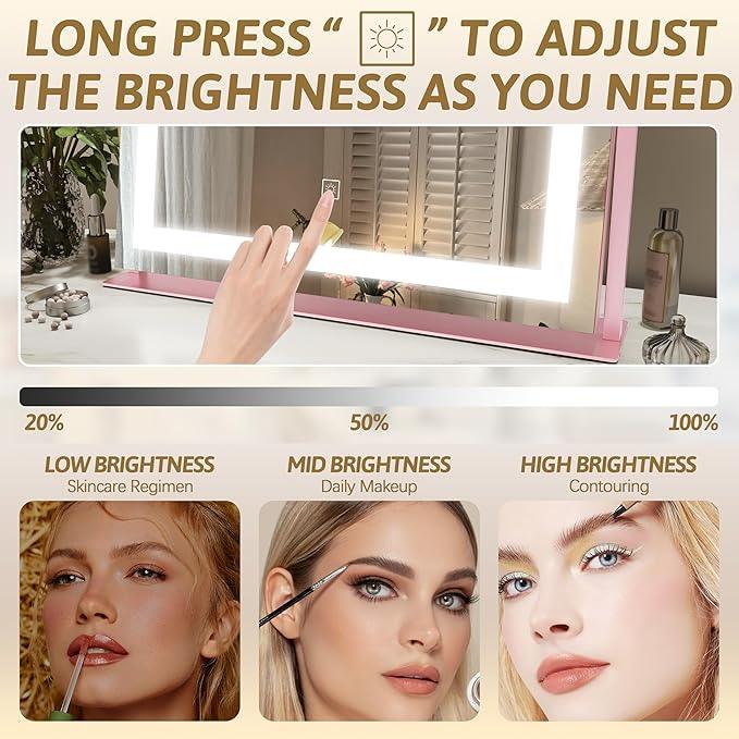 ROLOVE Pink Vanity Mirror with Lights 22"x18", Lighted Makeup Mirror with 10X Magnification, Smart Touch 3 Colors Dimmable, 360° Rotation, Gift for Teens - ModernBath