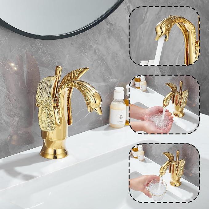 Gold Bathroom Faucet GGStudy Swan Shape Single Handle One Hole Bathroom Vanity Faucet Basin Tap Deck Mount Lavatory - ModernBath