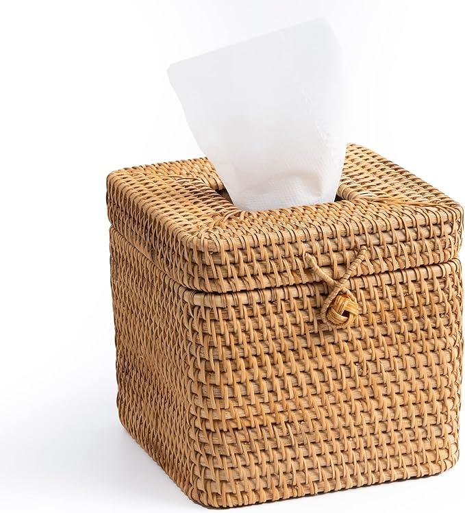 Rattan Square Tissue Box Cover- 5.7" x 5.7" x 5"-Decorative Woven Facial Tissue Holder with Hinged Top Lid- Facial Box for Home, Office,Bathrooms, Decoration (Yellow) - ModernBath