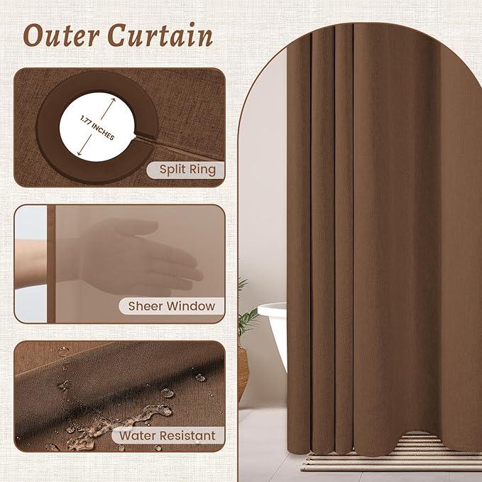 WONICY No Hook Brown Shower Curtain and Liner, Linen-Look Polyester Textured Shower Curtain with Snap in Liner, Waterproof & Washable Bath Curtains for Bathroom, 71Wx74H - ModernBath