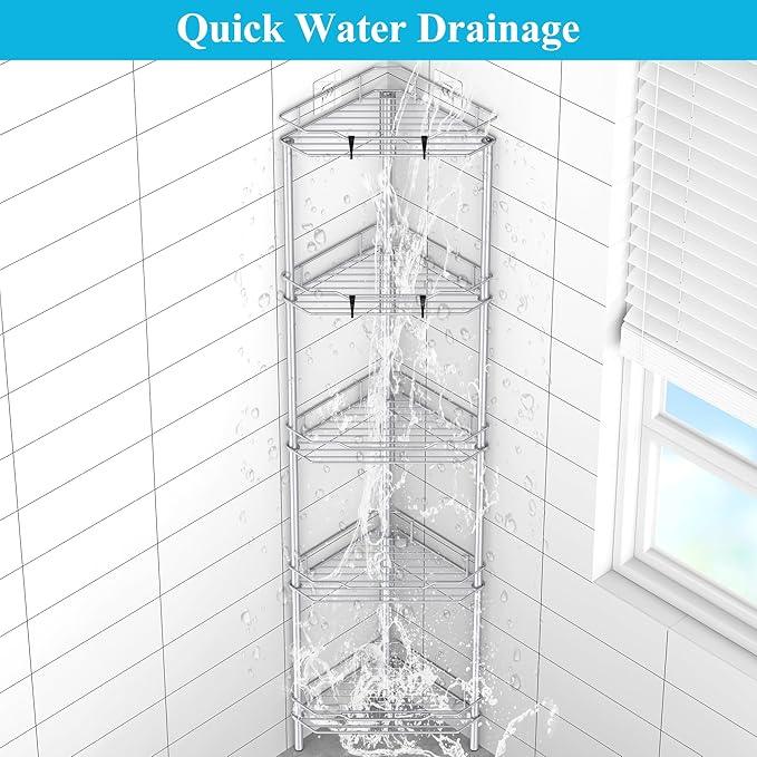 5 Tier Floor Standing Corner Shower Caddy Organizer Shelf with Hooks, Bathroom Shelves Stand Rack, Silver - ModernBath