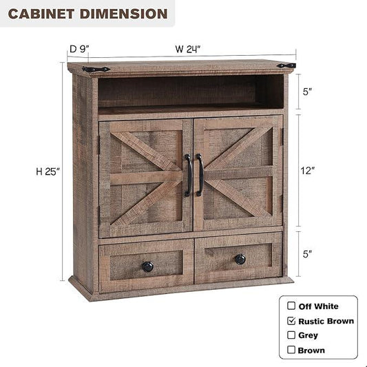 ACCOHOHO Bathroom Wall Cabinet, Farmhouse 24" Wide Medicine Cabinet with Drawer, Adjustable Shelf, Double Barn Doors, Storage Cabinets for Bathroom, Kitchen, Living Room, Rustic Brown - ModernBath