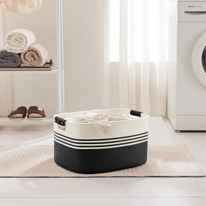 45L Small Laundry Basket with Leather Handles for Living Room Storage, Woven Rope Baskets Bin for Blanket, Kids Toy, Gifts, Wicker Hamper for Bedroom Dirty Clothes, 18"x14"x11" White Black - ModernBath