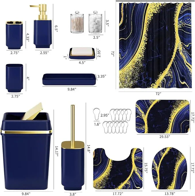 25PCS Bathroom Accessory Set, Navy Blue Bathroom Set with Large-Capacity 4 Gallon Trash Can,Bathroom Rugs Set, Waterproof Shower Curtain, Toilet Brush, Toothbrush Holder & Soap Dispenser - ModernBath