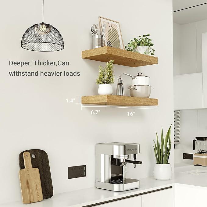 Vivelove Floating Shelves for Wall Mounted, 16 inchs Shelf for Small Bathroom, Bedroom, Living Room, Kitchen, Modern Home Decor, Rustic Farmhouse Wall Shelves with Invisible Brackets - Set of 2, Oak - ModernBath