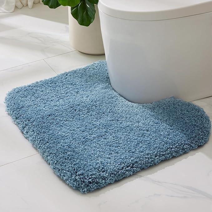 ILANGO Blue Toilet Rugs U Shaped 22" × 24" Non Slip & Super Absorbent Extra Thick Soft, Washable Bath Mats for Bathroom Floor, Microfiber Plush Shaggy Contour Bath Rugs for Toilet,Dry Quick - ModernBath